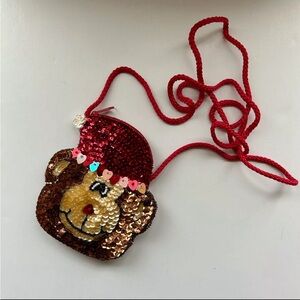 Vtg Holiday Christmas Sequin Monkey W/ Santa Hat Coin Trinket Crossbody Purse